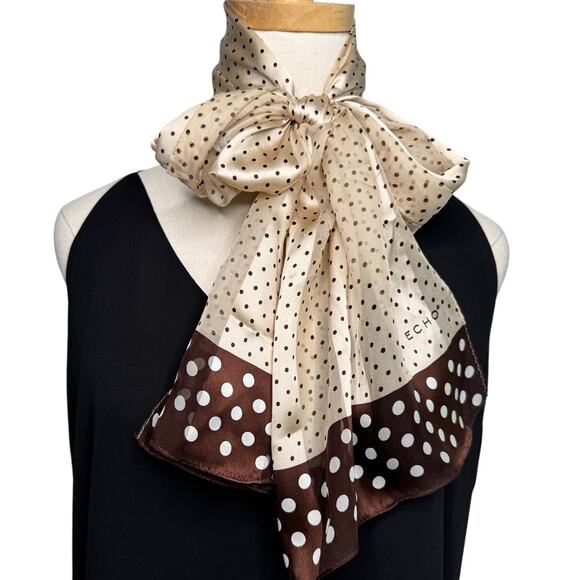 Vintage Echo 100% silk chiffon sheer striped polkadot long scarf brown 58x11" - Picture 1 of 8